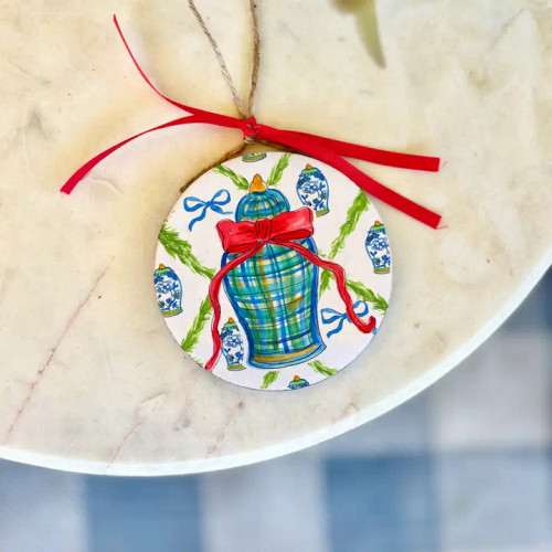 Happy By Rachel Blue and White Ginger Jar w/ Bow Christmas Ornament Happy By Rachel Blue and White Ginger Jar w/ Bow Christmas Ornament