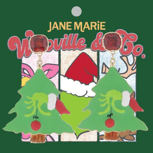 Jane Marie Green, Red, White Christmas Tree with Grinch Hand Earring Jane Marie Green, Red, White Christmas Tree with Grinch Hand Earring