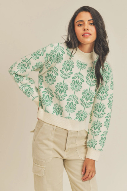 &merci Women's Bright Green Floral Pattern Knit Sweater
