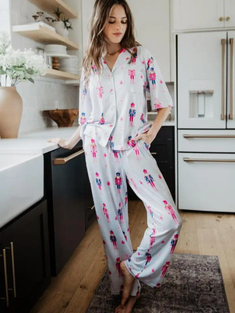 Katydid Women's Nutcrackers Christmas Light Blue Lounge Pants Set Katydid Women's Nutcrackers Christmas Light Blue Lounge Pants Set