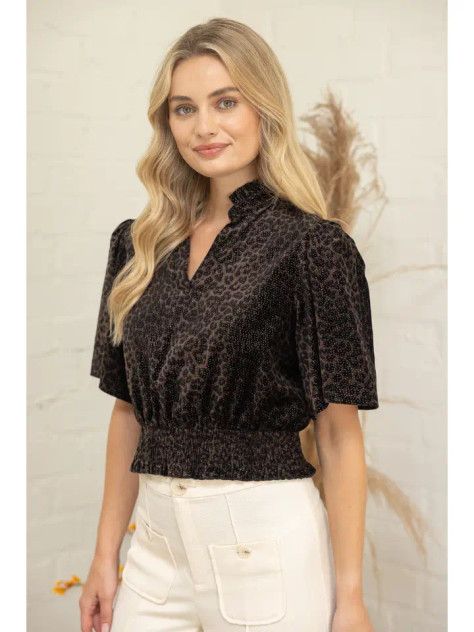 Voy Women's Smocked Hem Glitter Sprinkled Animal Print Top