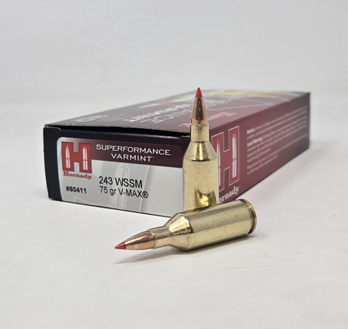 Hornady 243 WSSM Ammunition Superformance Varmint H80411 75 Grain V-Max 20 Rounds