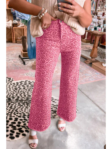 66Disco Women's Western Leopard Love Wide Leg High Waist Jeans - Pink