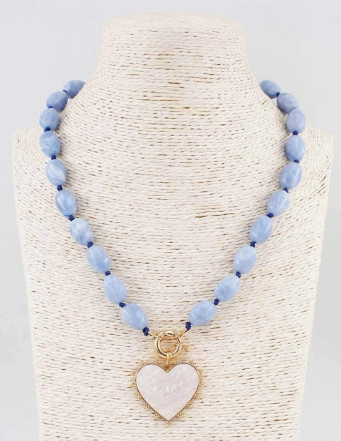 What's Hot Blue Beaded with Pearlized Heart Necklace