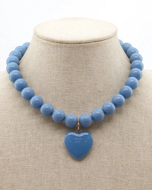 What's Hot Blue Acrylic Beaded with Pink Stone Heart Charm Necklace