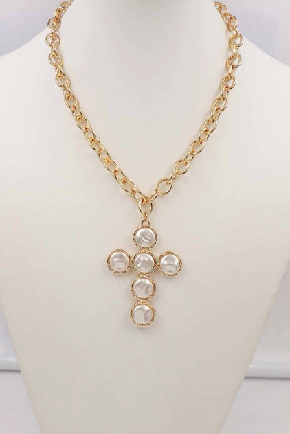 What's Hot Gold Chain with Coin Pearl Cross Charm Necklace