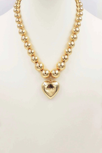 What's Hot Graduated Gold Beaded with Puffy Heart Necklace