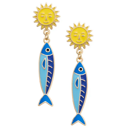 Canvas Sardine Enamel Sun Earrings in Blue and Yellow