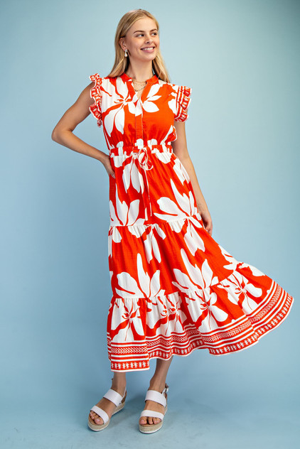 GiGiO Women's Orange Floral Tiered Midi Dress