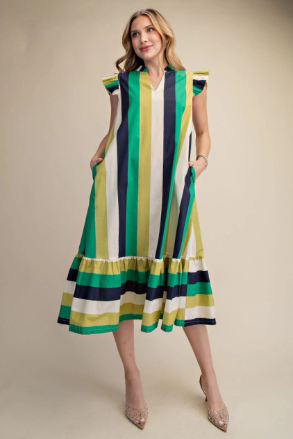 Glam Women's Navy & Green Stripe Midi Dress