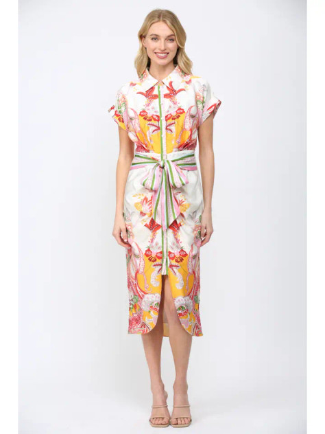 Fate Women's Botanic Scarf Print Self Tie Waist Button Down Dress