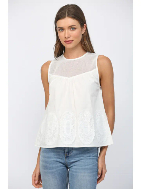 Fate Women's Off White Sheer Lace Applique Sleeveless Top