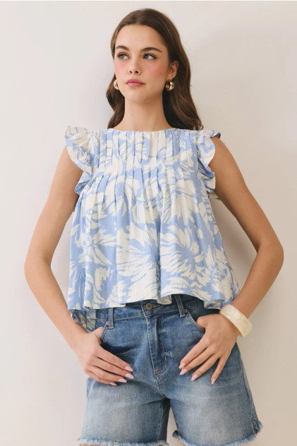 TCEC Women's Blue Floral Print Pleated Bodice Ruffle Sleeve Top
