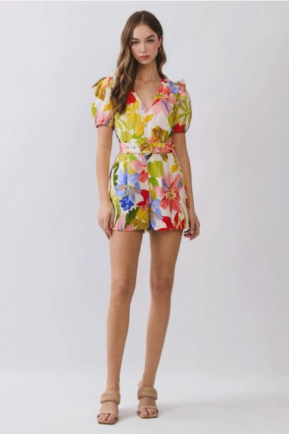 TCEC Women's Floral Print V Neckline Puff Sleeve Romper