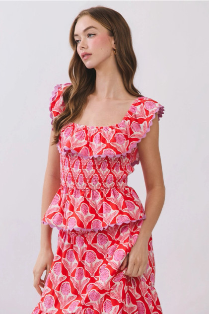 TCEC Women's Red Floral Print Smocked Bodice Ruffle Layered Top