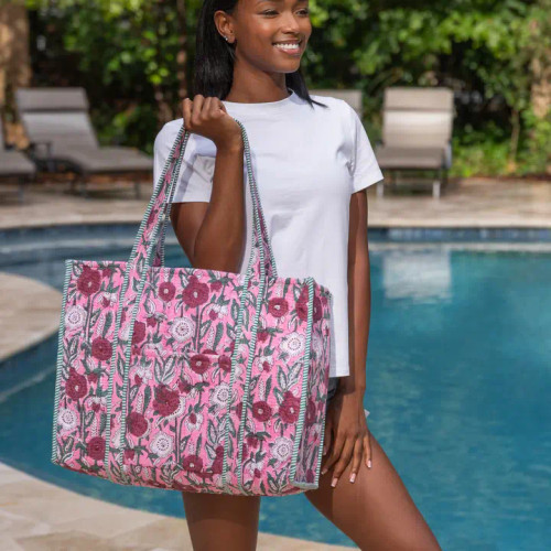 Anju Fuchsia Bouquet Quilted Block-Printed Tote