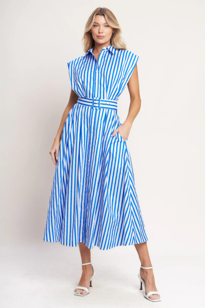 Flying Tomato Women's Ivory Blue Bistro Stripe Midi Dress