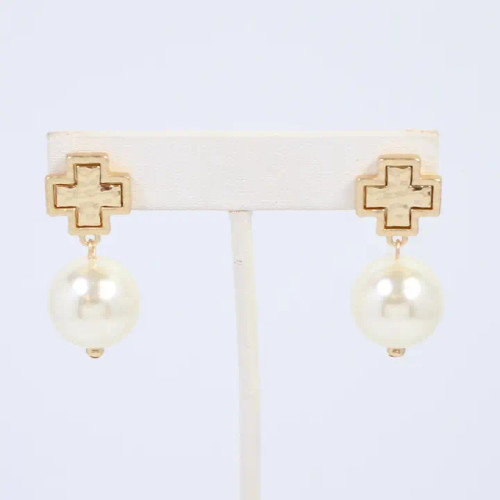 Caroline Hill Saint Cloud Cross and Pearl Earring Gold