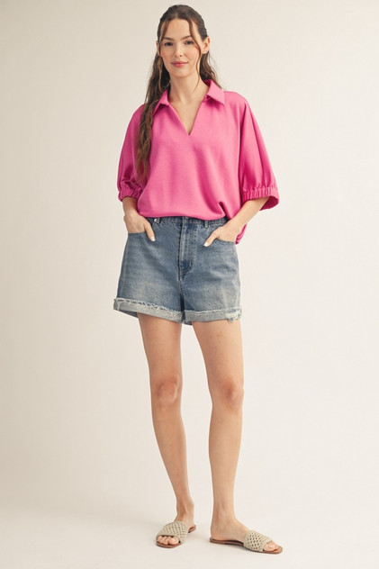 Jodifl Women's Hot Pink V Neck Solid Knit Top