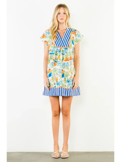 THML Women's Tropical Print V-Neck Dress - White