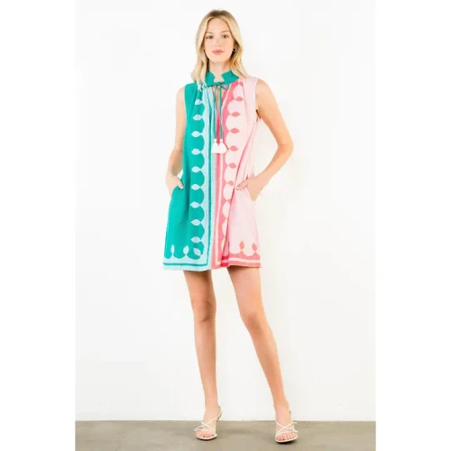 THML Women's Ruffle Neck Tassel Colorblock Dress - Pink