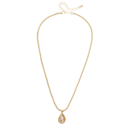 Canvas Oyster & Pearl Ball Bead Necklace - Shiny Gold