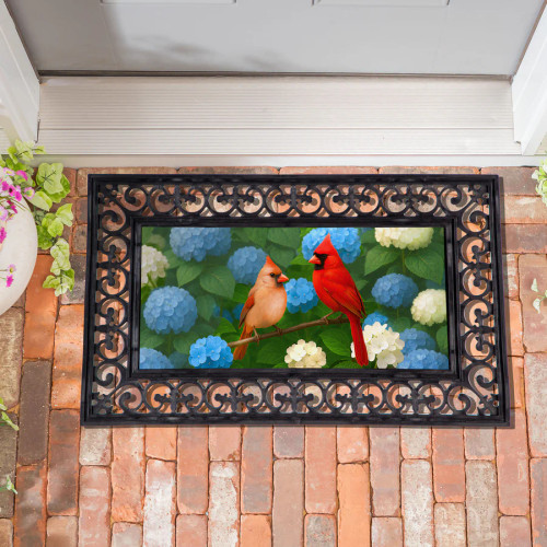 Evergreen Cardinal Couple Among Hydrangeas Sassafras Switch Mat