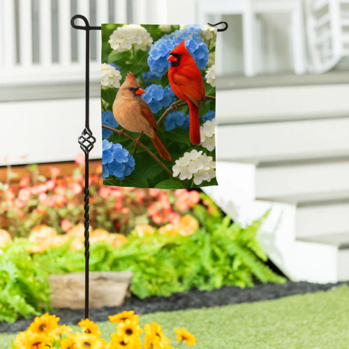 Evergreen Cardinal Couple Among Hydrangeas Suede Garden Flag