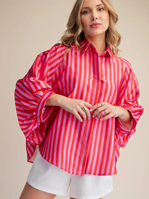 Glam Women's Red & Pink Oversized Striped Balloon Sleeve Top