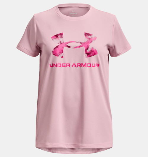 Under Armour Girls' UA Tech Print Fill Big Logo Short Sleeve - Pink Sugar / Charged Cherry