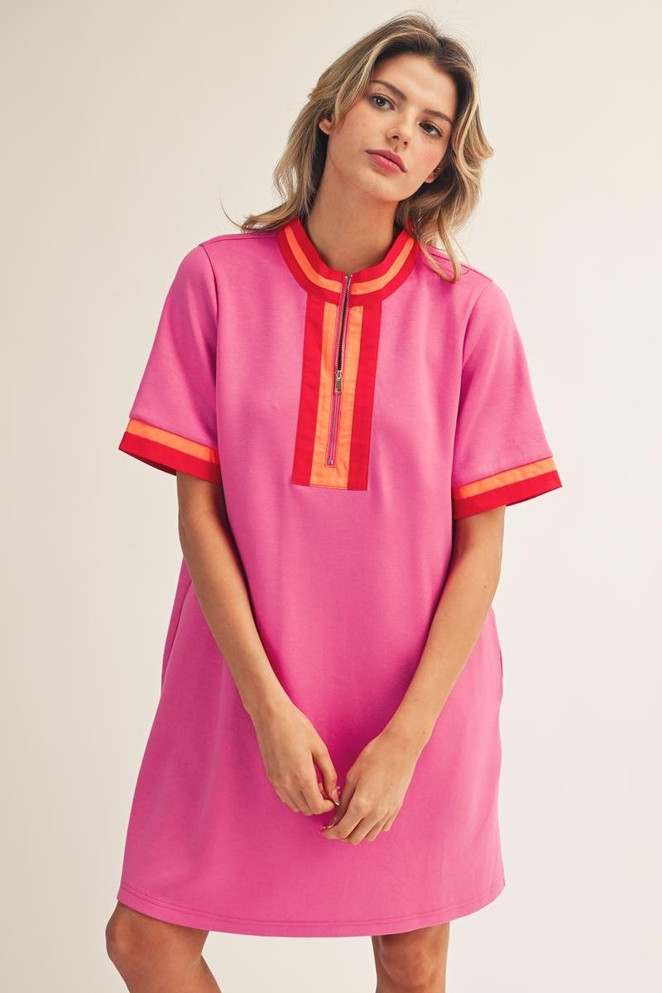 open lace back dress Bright Hot Pink Tie Neck Contrast Trim Short Dress main image 0