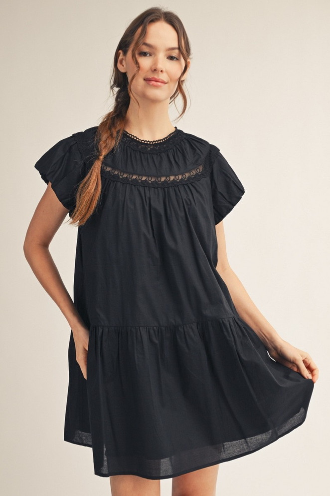 jodifl black dress Pinstripe Romance V-Neck Ruffle Sleeve Dress in Black