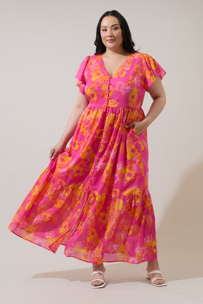 sugar lips dress Cherry Blossom Meara One Shoulder Satin Maxi Dress PINK-RED-MULTI / S by Sugarlips main image 0