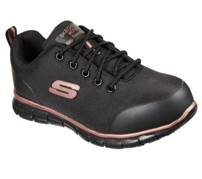 Skechers Women's Wide Work: Sure Track - Chiton Alloy Toe:  Black/ Rose Gold