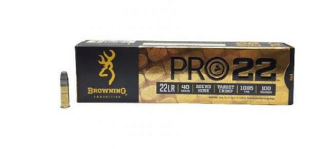 Browning Pro22 Subsonic Velocity Lead Round Nose 22 Long Rifle Ammo 100 Round Box - Brass Casing