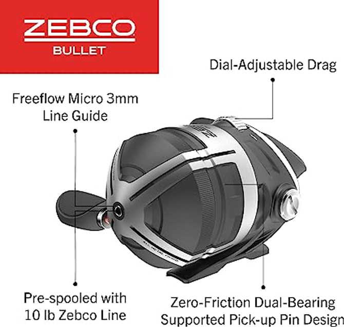 Zebco Bullet Spincast Fishing Reel, Size 30 Reel, Fast 29.6 Inches Per Turn, GripEm All-Weather Handle Knobs, Pre-Spooled with 10-Pound Zebco Fishing Line