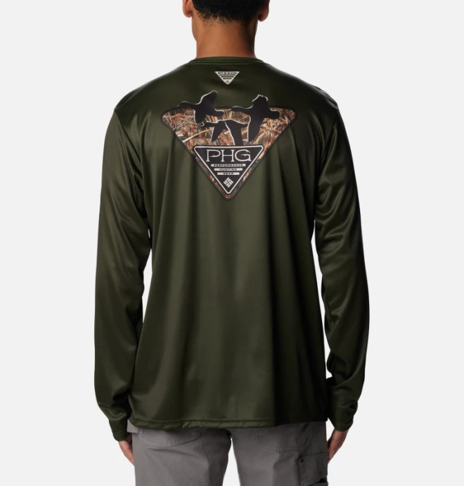 Columbia Men's PHG Terminal Shot Camo Triangle Long Sleeve Shirt - Surplus Green, RT Max5 Waterfowl