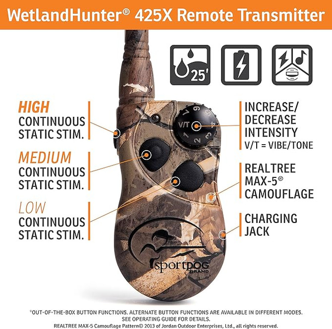 SportDOG Brand WetlandHunter 425X Camouflage Remote Trainer - Rechargeable Dog Training Collar with Shock, Vibrate, and Tone - 500 Yard Range
