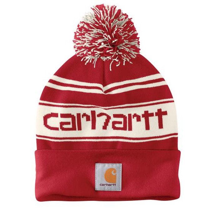 Carhartt Knit Pom-Pom Cuffed Logo Beanie - Red/Winter White Marl