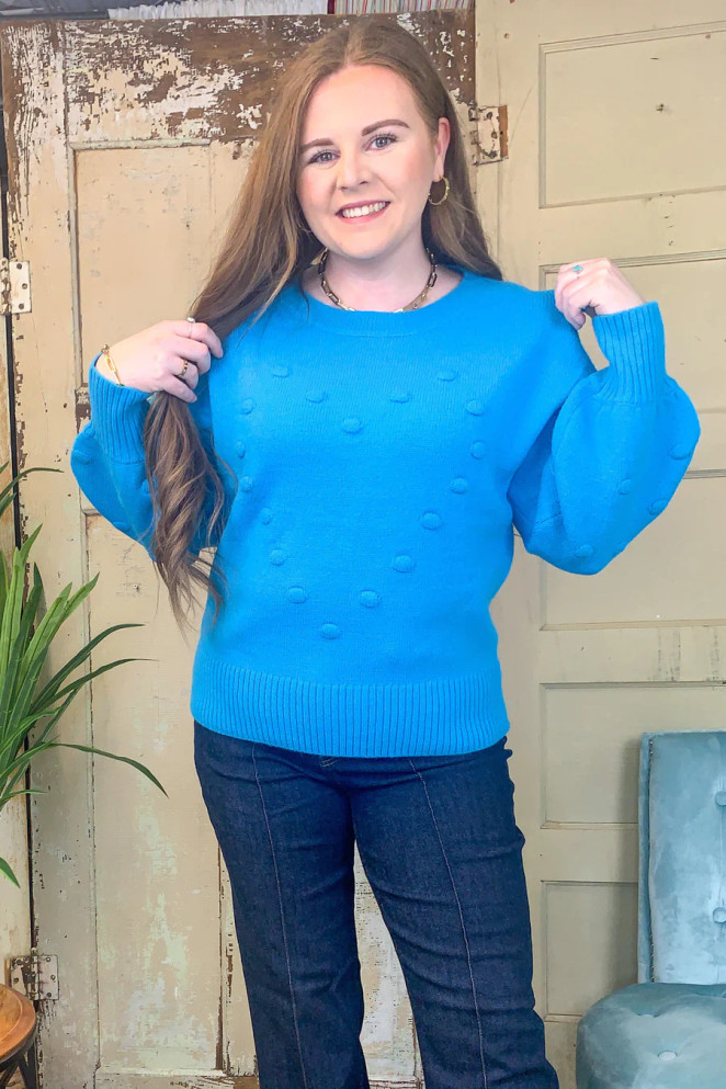 Umgee Aqua Heart Pom Sweater