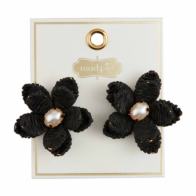 Mud Pie Black Raffia Flower Earrings