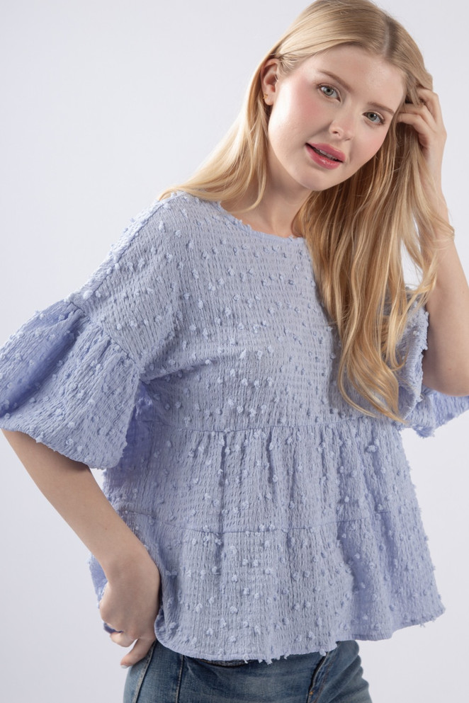 Very J Crinkle Pom Pom Knit Puff Sleeve Babydoll Top