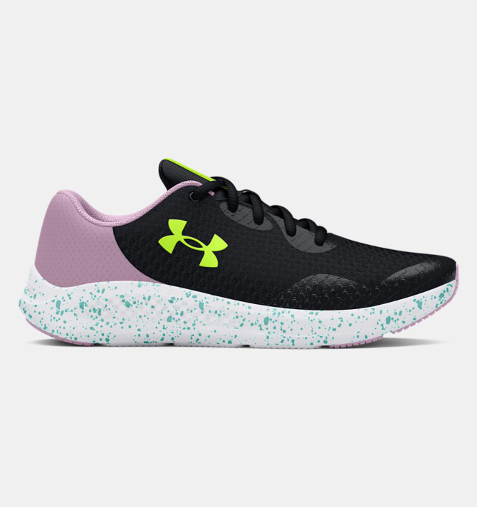 Under Armour Girls' Grade School UA Charged Pursuit 3 Running Shoes - Black / Purple Ace / High Vis Yellow