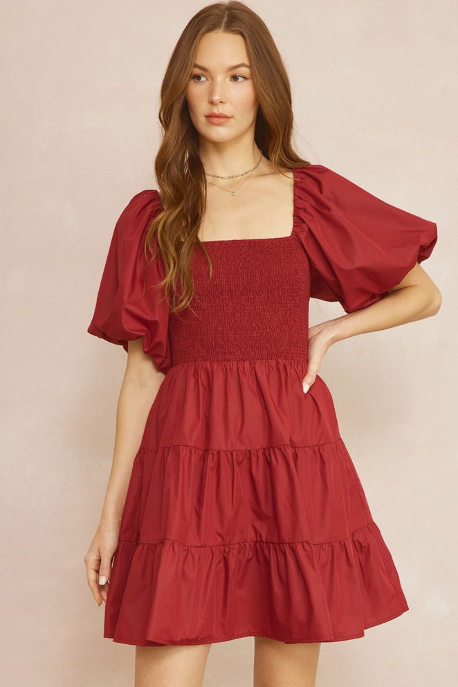 Entro Mini Tiered Dress Burgundy