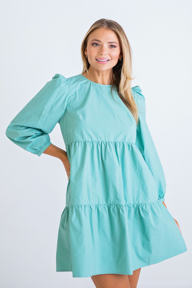 Karlie Solid Poplin Loong Sleeve Tier Dress