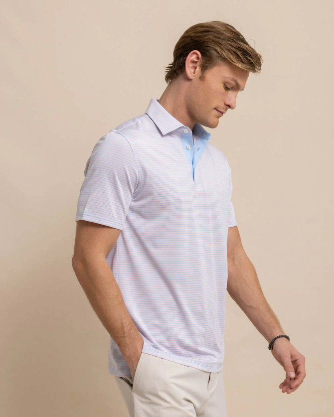 Southern Tide Men's Driver Verdae Stripe Polo - Apricot Blush Coral