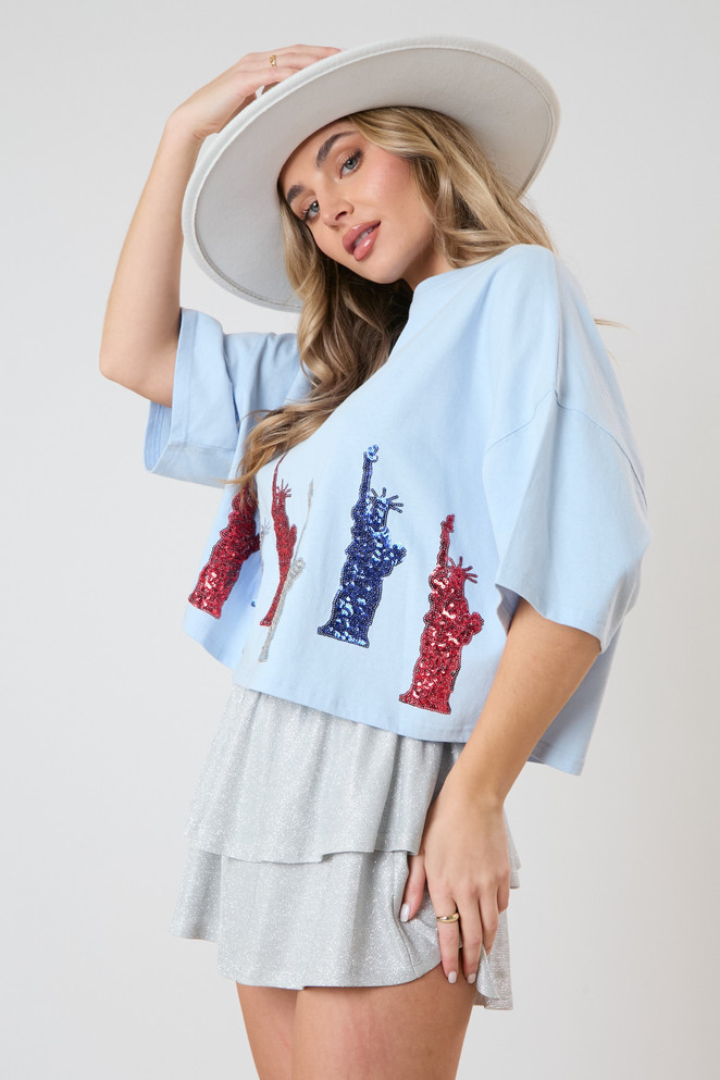 Peach Love Sequin 'Statue of Liberty' Embroidery Crop Tee