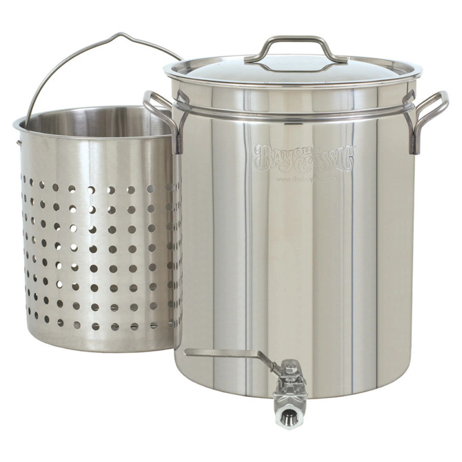 Bayou Classic Stainless Stockpot w/ Elevated Steam Basket & Spigot 40 qt