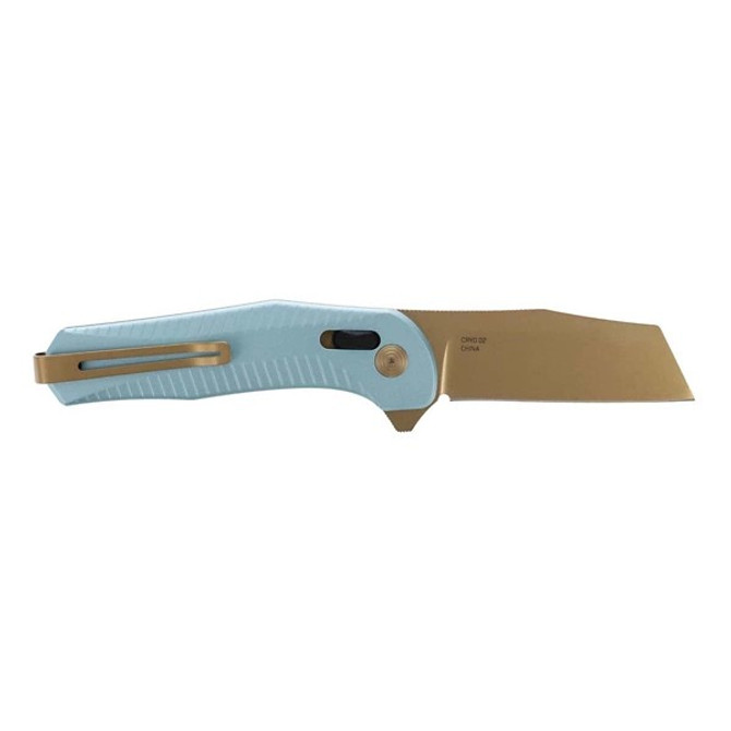 SOG Diverge XR Lock Flipper Knife 3" D2 Gold PVD Modified Sheepsfoot Blade - Light Blue Aluminum
