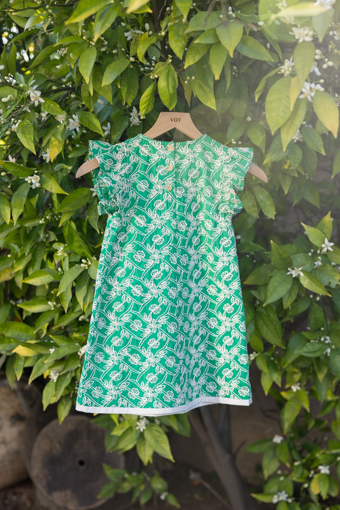 Voy Girls Embroidered Ruffle Sleeve Self Tie Ribbon Dress - Green